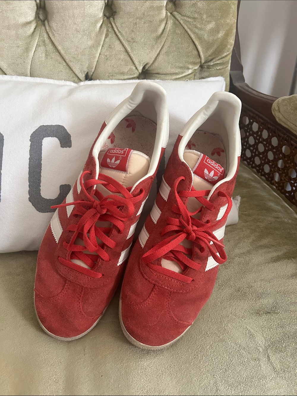 adidas Gazelle Red Suede Sneakers with White Three Stripes - Women's Size 9.5